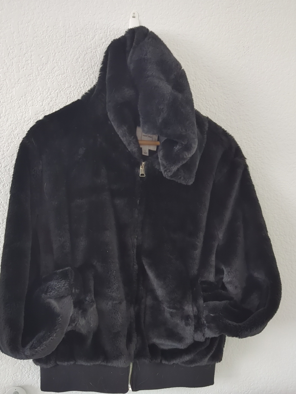 Women's Black Faux Fur Zip-Up Jacket With Hood